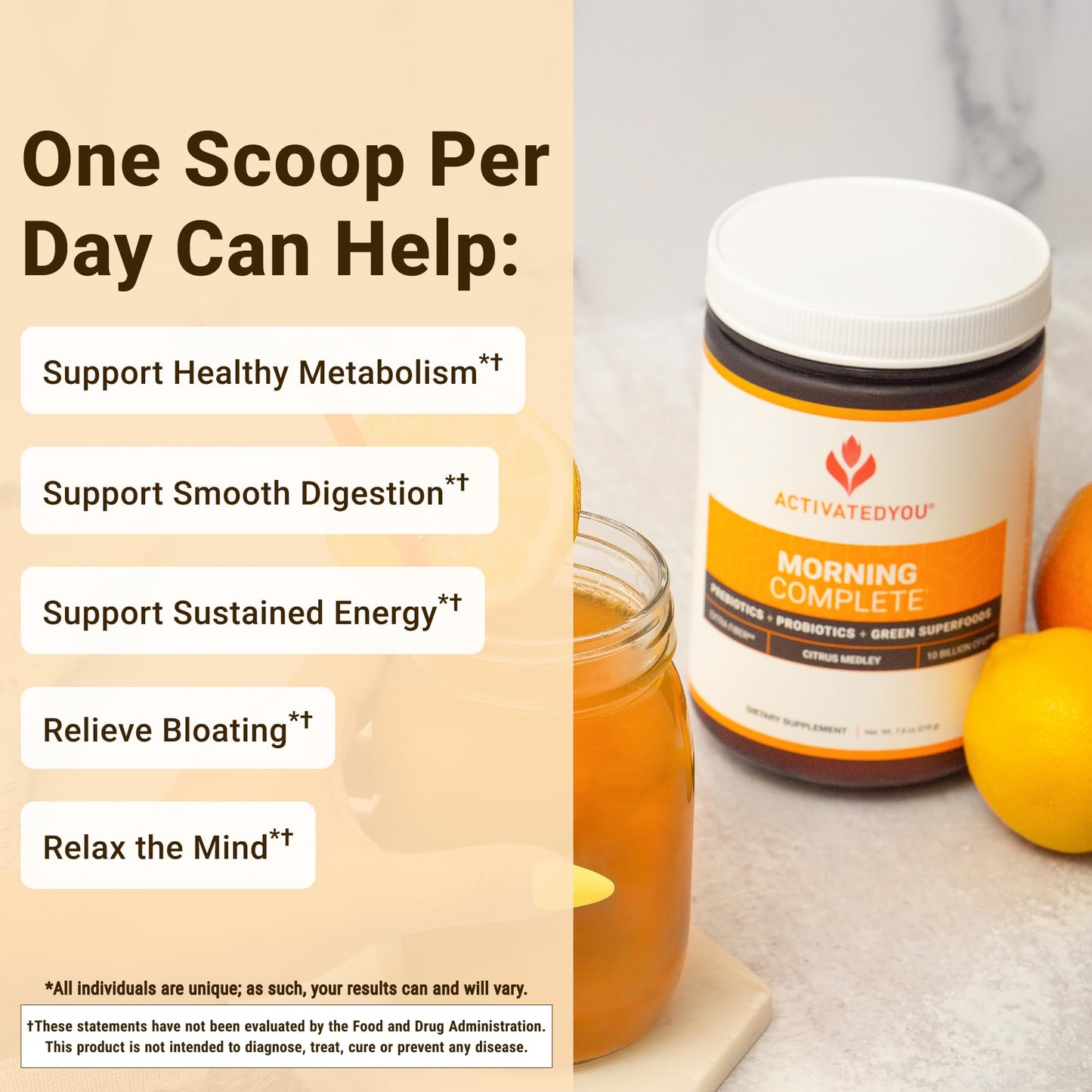 ACTIVATEDYOU Morning Complete Daily Wellness Greens Superfood Drink Mix for Gut Health w/Prebiotics, Probiotics, Antioxidants, Green Superfoods, 10 Billion CFUs, 30 Servings (Citrus) - dailyvitalstore