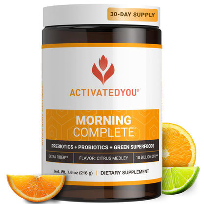 ACTIVATEDYOU Morning Complete Daily Wellness Greens Superfood Drink Mix for Gut Health w/Prebiotics, Probiotics, Antioxidants, Green Superfoods, 10 Billion CFUs, 30 Servings (Citrus) - dailyvitalstore