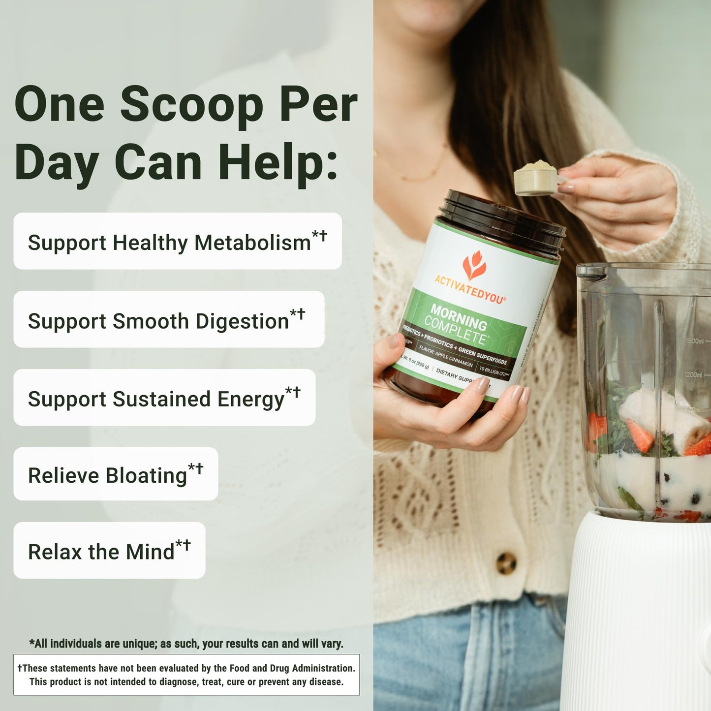 ACTIVATEDYOU Morning Complete Daily Wellness Greens Superfood Drink Mix for Gut Health w/Prebiotics, Probiotics, Antioxidants, Green Superfoods, - dailyvitalstore
