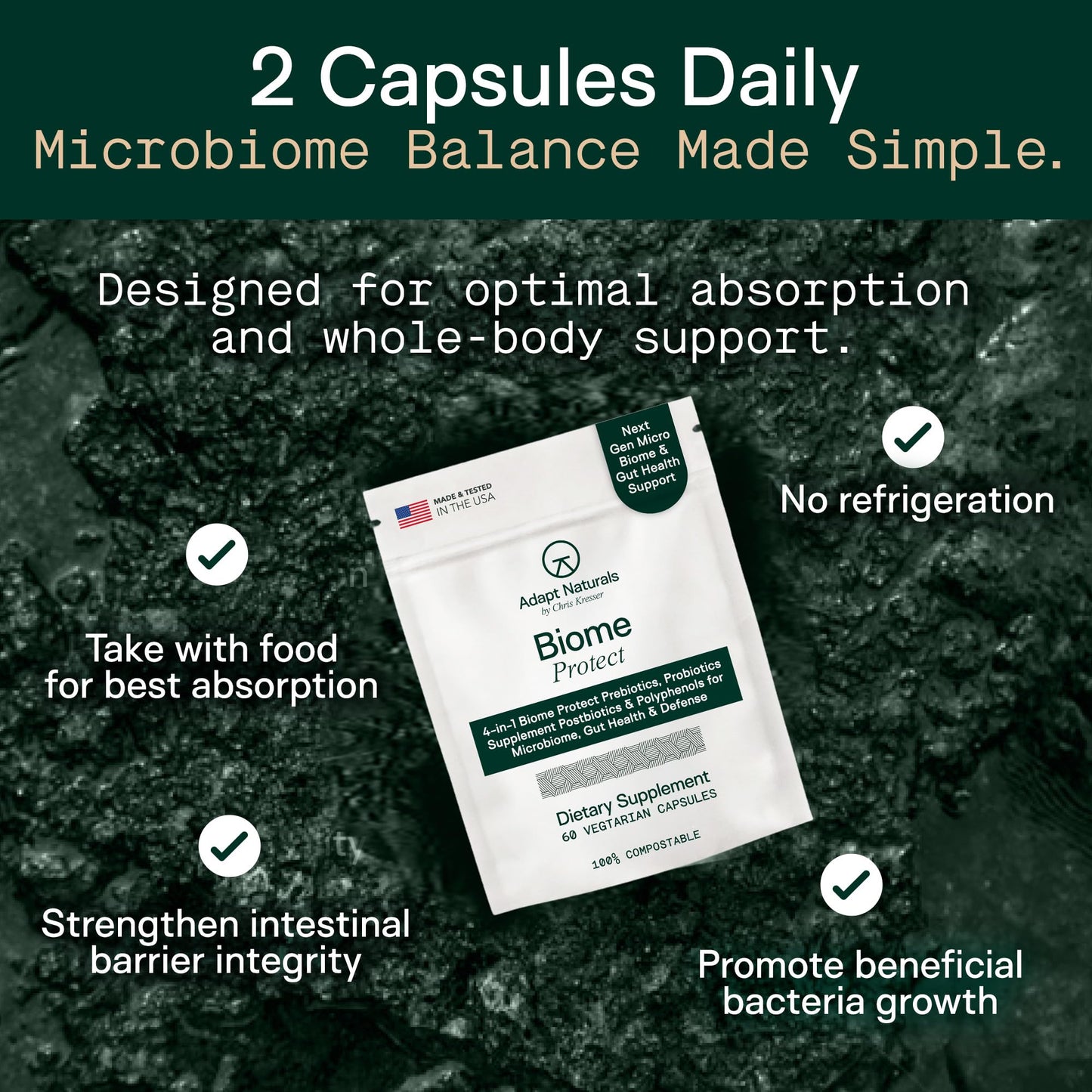 Adapt Naturals 4-in-1 Biome Protect Prebiotics, Probiotics Supplement Postbiotics & Polyphenols for Microbiome, Gut Health & Defense for Women & Men, 30 Day Supply - dailyvitalstore