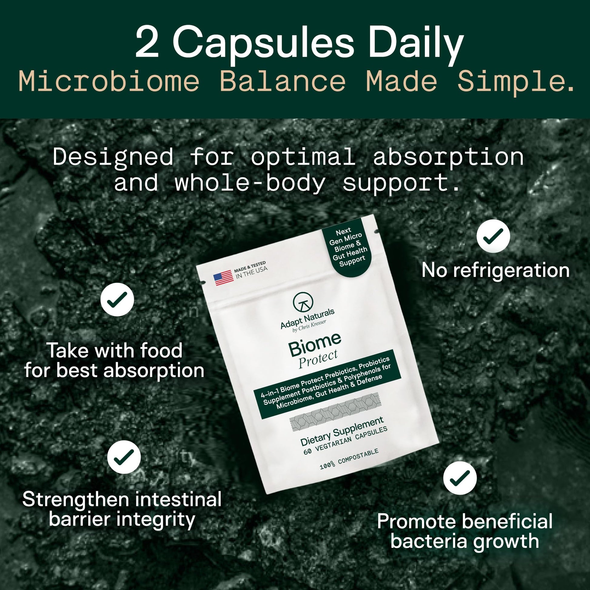 Adapt Naturals 4-in-1 Biome Protect Prebiotics, Probiotics Supplement Postbiotics & Polyphenols for Microbiome, Gut Health & Defense for Women & Men, 30 Day Supply - dailyvitalstore