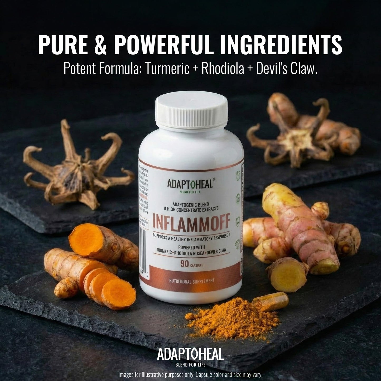 ADAPTOHEAL Inflammoff - Adaptogenic Supplement Designed to Support Joint, Muscle and Tissue Inflammation Naturally, 8 Highly Concentrated extracts with Turmeric and Rhodiola rosea (90 Capsules) - dailyvitalstore