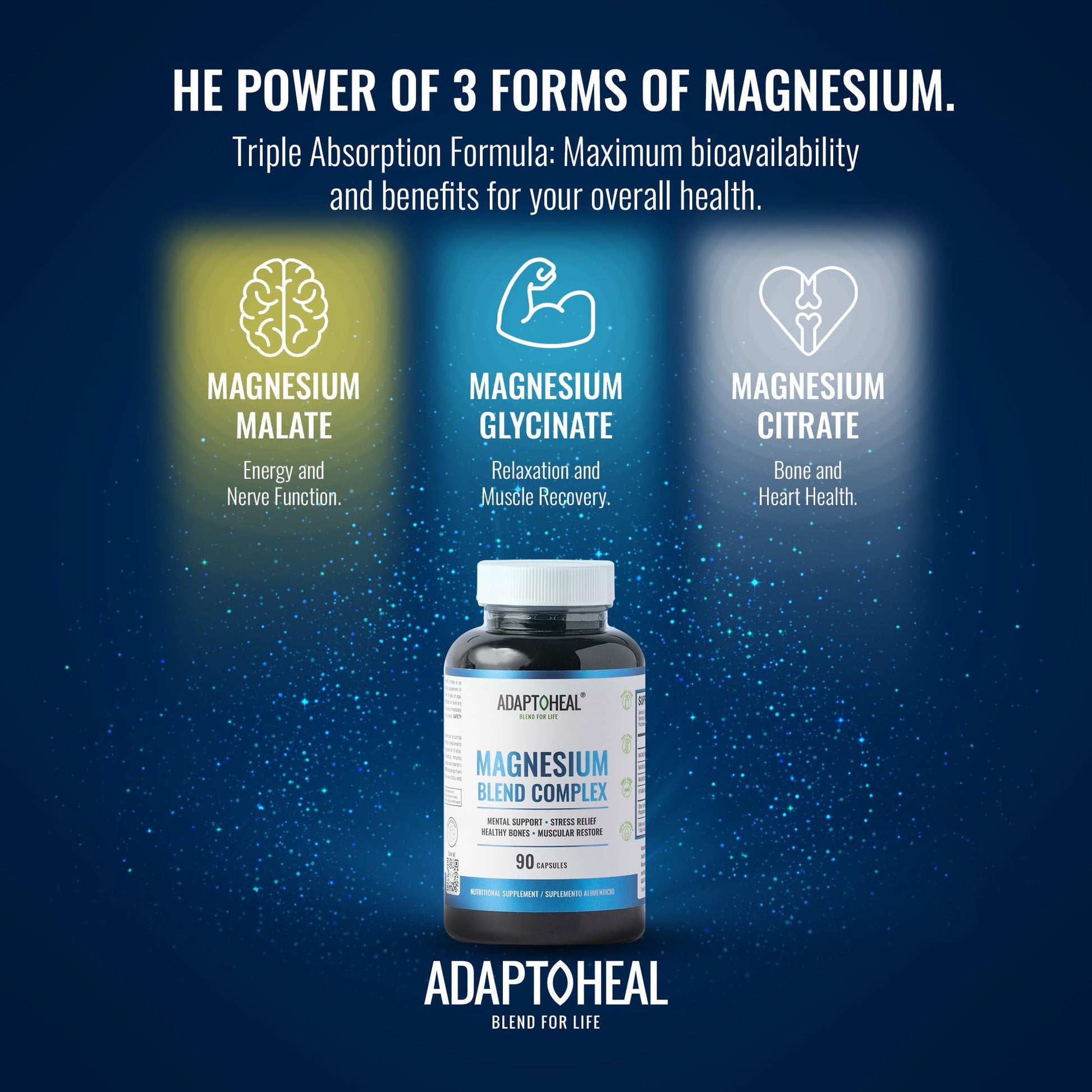 ADAPTOHEAL Magnesium Complex – Glycinate, Malate & Citrate with Vitamin B6, Sleep Support, Stress Relief, Muscle Relaxation, Nervous System Support – 90 Capsules - dailyvitalstore