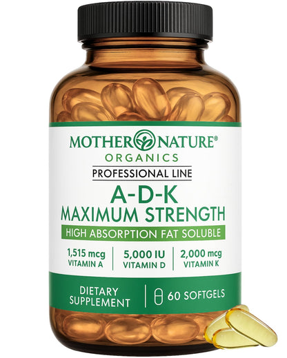 ADK Vitamin Supplement - 5000 IU Vitamin D3 + A & K2 MK-7 - High Absorption for Bone, Heart & Immune Support - Non-GMO (60 Softgels) - dailyvitalstore