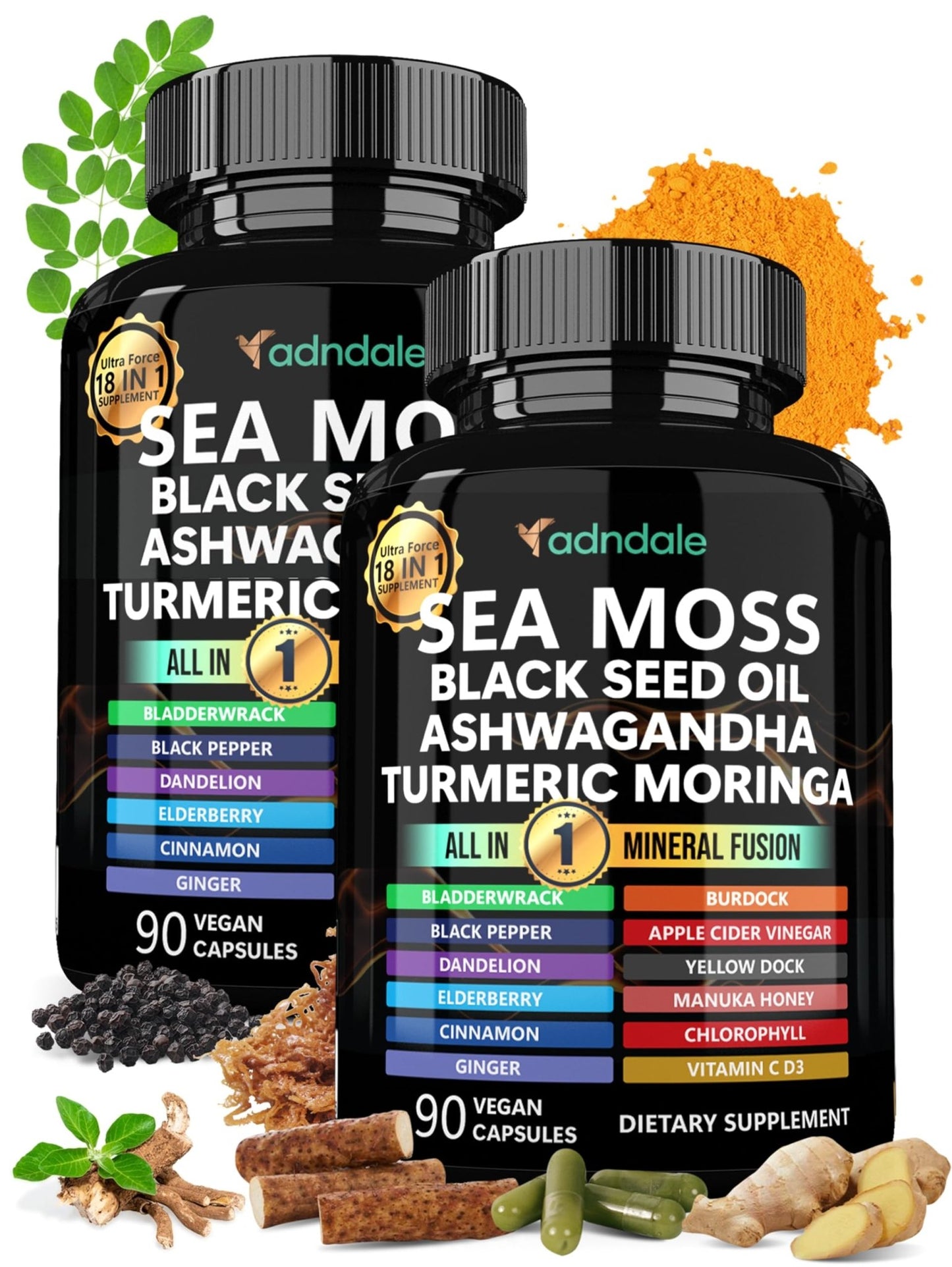 Adndale Sea Moss Capsules - Sea Moss Blend with Ashwagandha, Turmeric & Black Seed Oil - 180 Count - dailyvitalstore