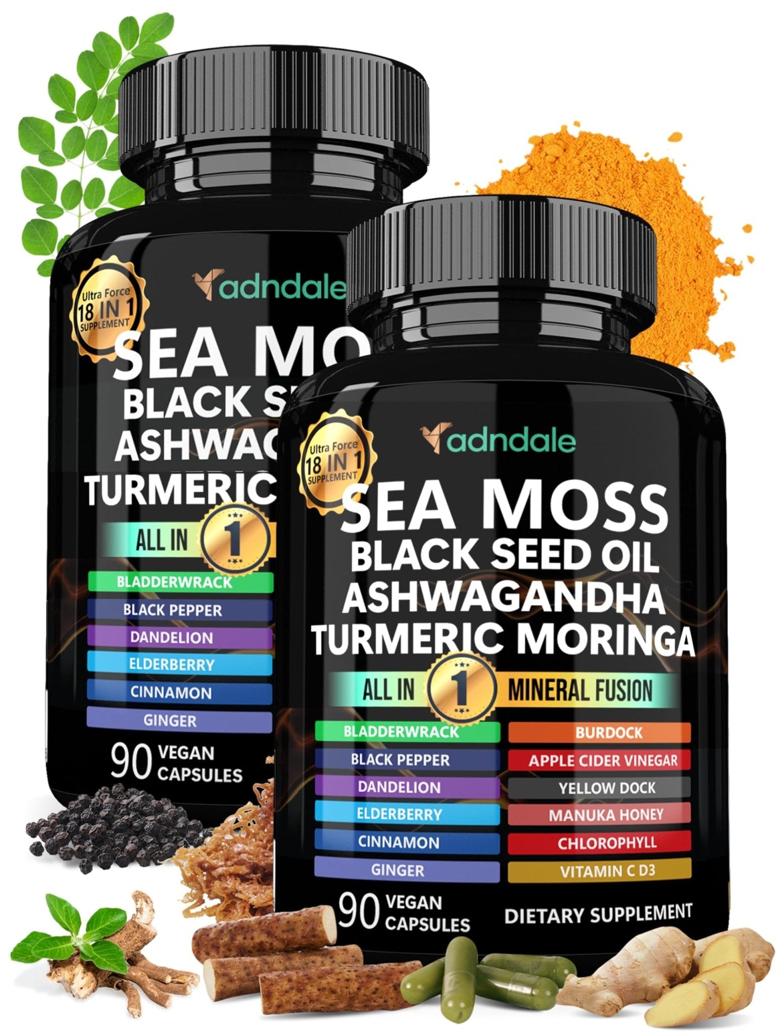 Adndale Sea Moss Capsules - Sea Moss Blend with Ashwagandha, Turmeric & Black Seed Oil - 180 Count - dailyvitalstore