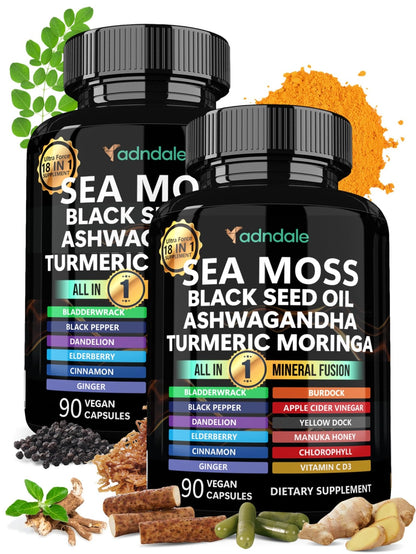 Adndale Sea Moss Capsules - Sea Moss Blend with Ashwagandha, Turmeric & Black Seed Oil - 180 Count - dailyvitalstore