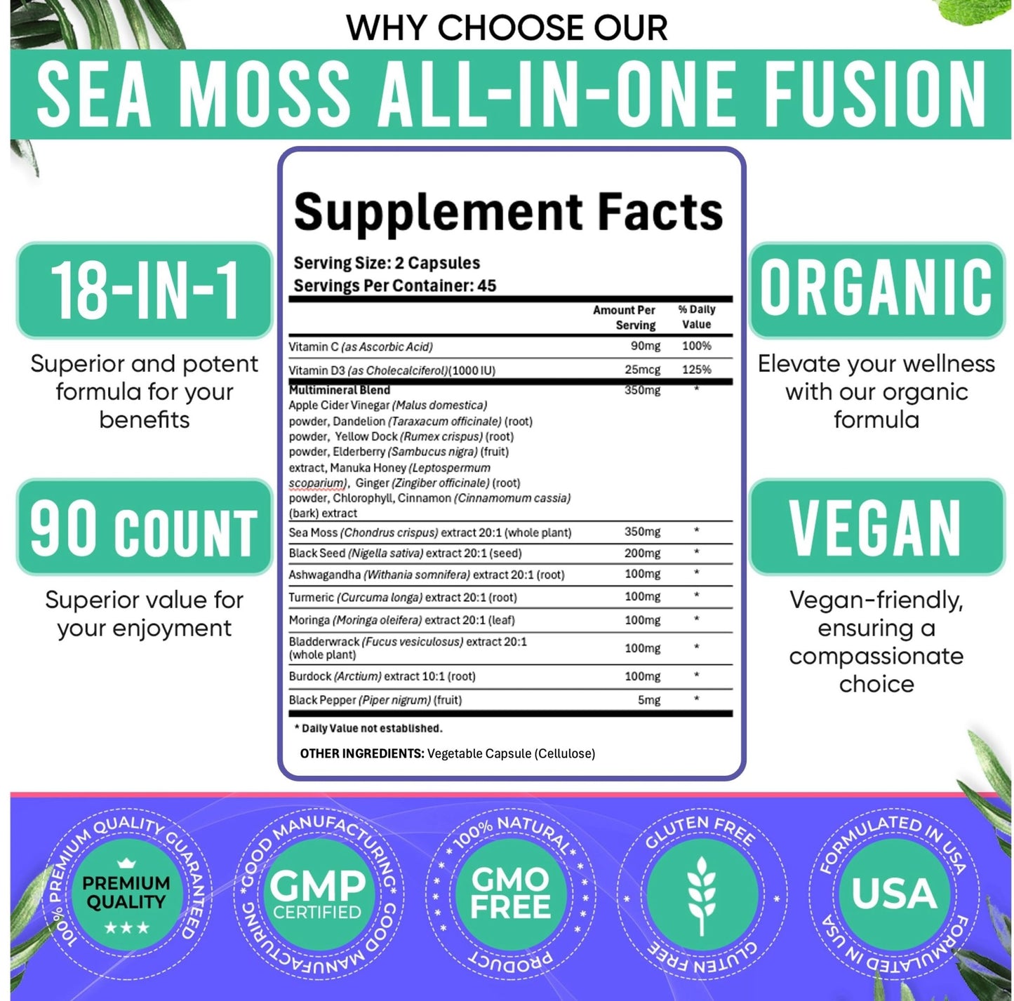 Adndale Sea Moss Capsules - Sea Moss Blend with Ashwagandha, Turmeric & Black Seed Oil - 180 Count - dailyvitalstore