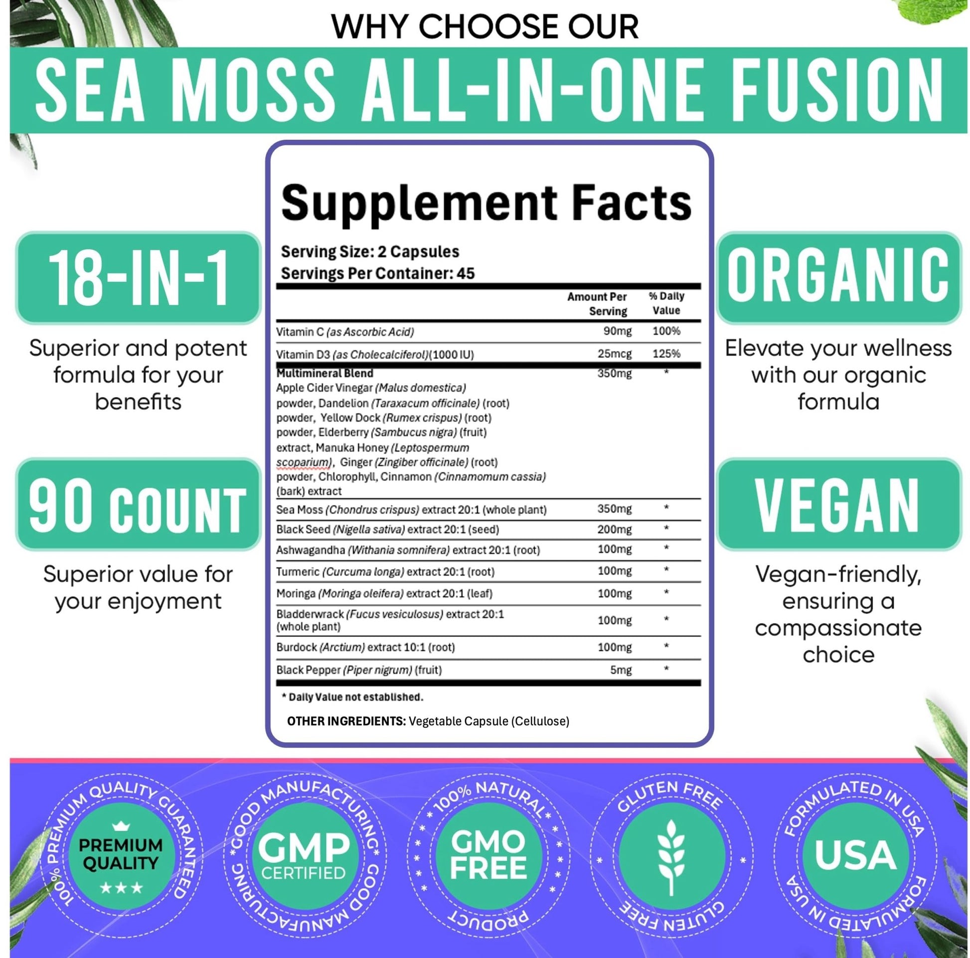 Adndale Sea Moss Capsules - Sea Moss Blend with Ashwagandha, Turmeric & Black Seed Oil - 180 Count - dailyvitalstore