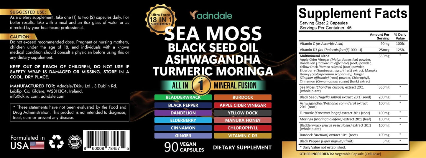 Adndale Sea Moss Capsules - Sea Moss Blend with Ashwagandha, Turmeric & Black Seed Oil - 180 Count - dailyvitalstore
