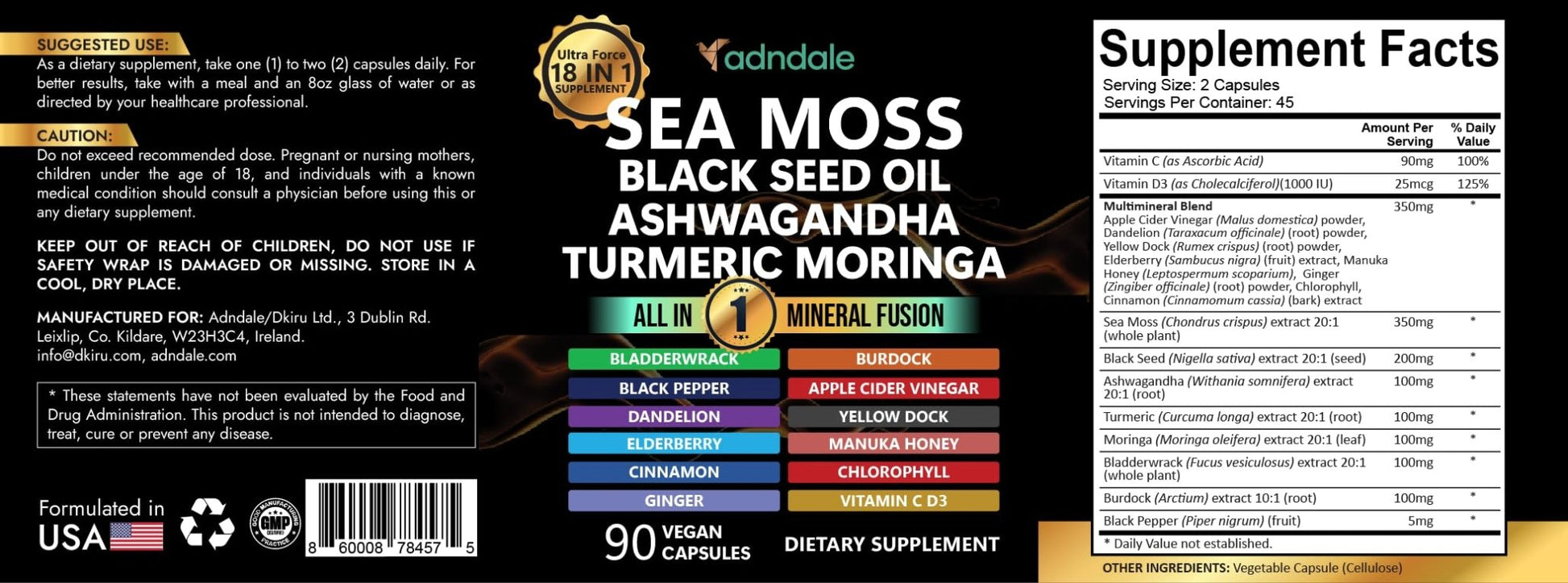 Adndale Sea Moss Capsules - Sea Moss Blend with Ashwagandha, Turmeric & Black Seed Oil - 180 Count - dailyvitalstore