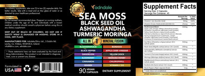 Adndale Sea Moss Capsules - Sea Moss Blend with Ashwagandha, Turmeric & Black Seed Oil - 180 Count - dailyvitalstore