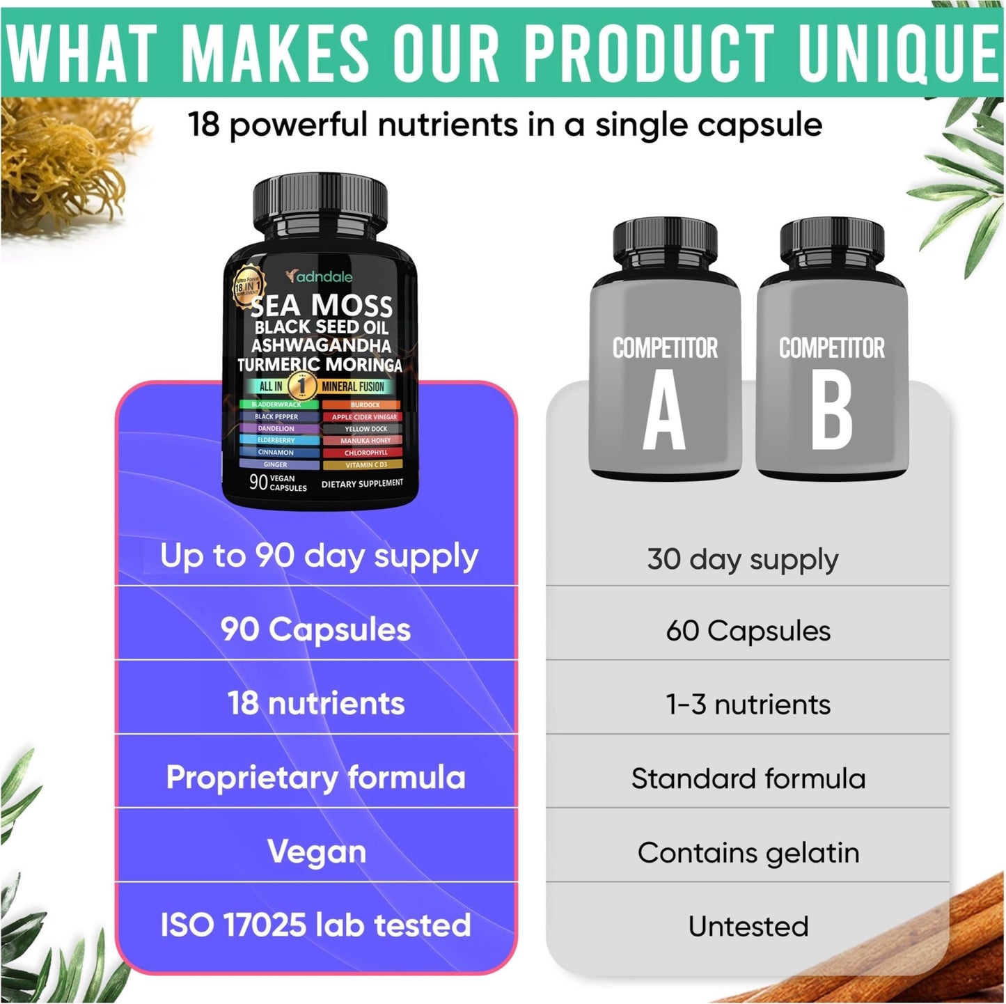 Adndale Sea Moss Capsules - Sea Moss Blend with Ashwagandha, Turmeric & Black Seed Oil - 180 Count - dailyvitalstore