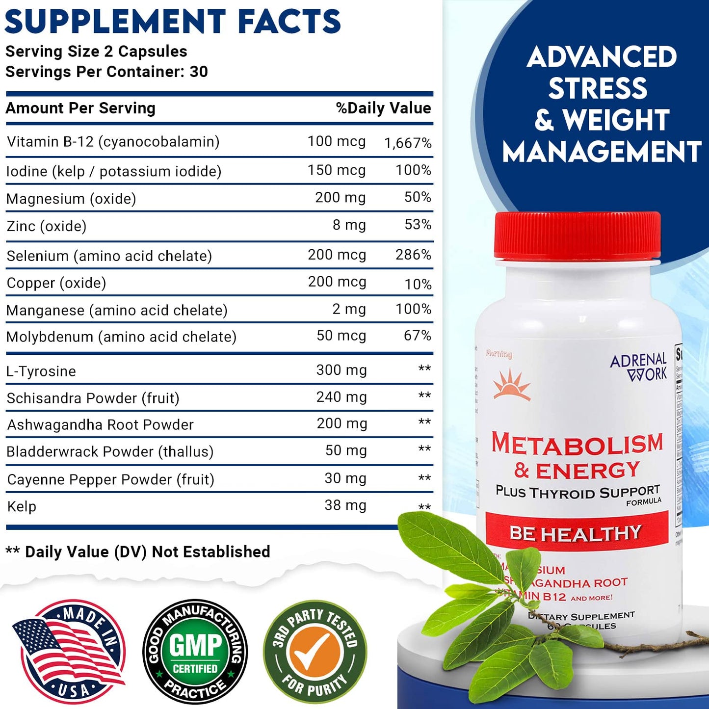 Adrenalwork Adrenal Support Supplement - Organic Ashwagandha Capsules for Stress Relief, Calm Energy & Focus - Adaptogen Blend with Rhodiola & Holy Basil - Men & Women - 60 Capsules - dailyvitalstore