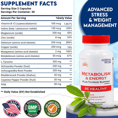 Adrenalwork Adrenal Support Supplement - Organic Ashwagandha Capsules for Stress Relief, Calm Energy & Focus - Adaptogen Blend with Rhodiola & Holy Basil - Men & Women - 60 Capsules - dailyvitalstore
