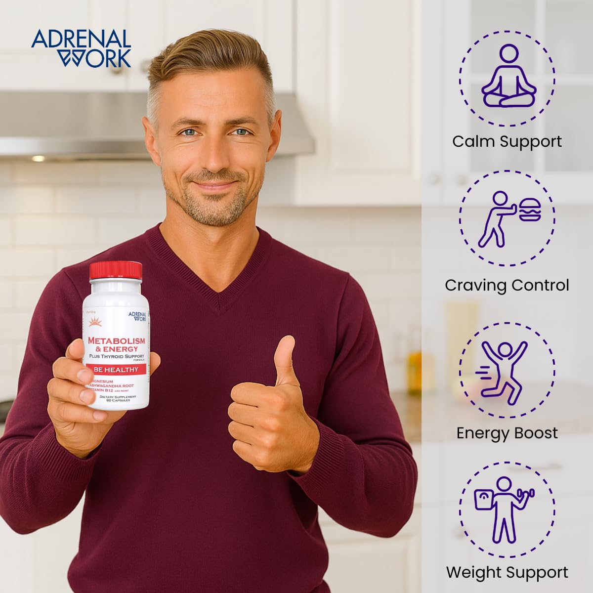 Adrenalwork Adrenal Support Supplement - Organic Ashwagandha Capsules for Stress Relief, Calm Energy & Focus - Adaptogen Blend with Rhodiola & Holy Basil - Men & Women - 60 Capsules - dailyvitalstore