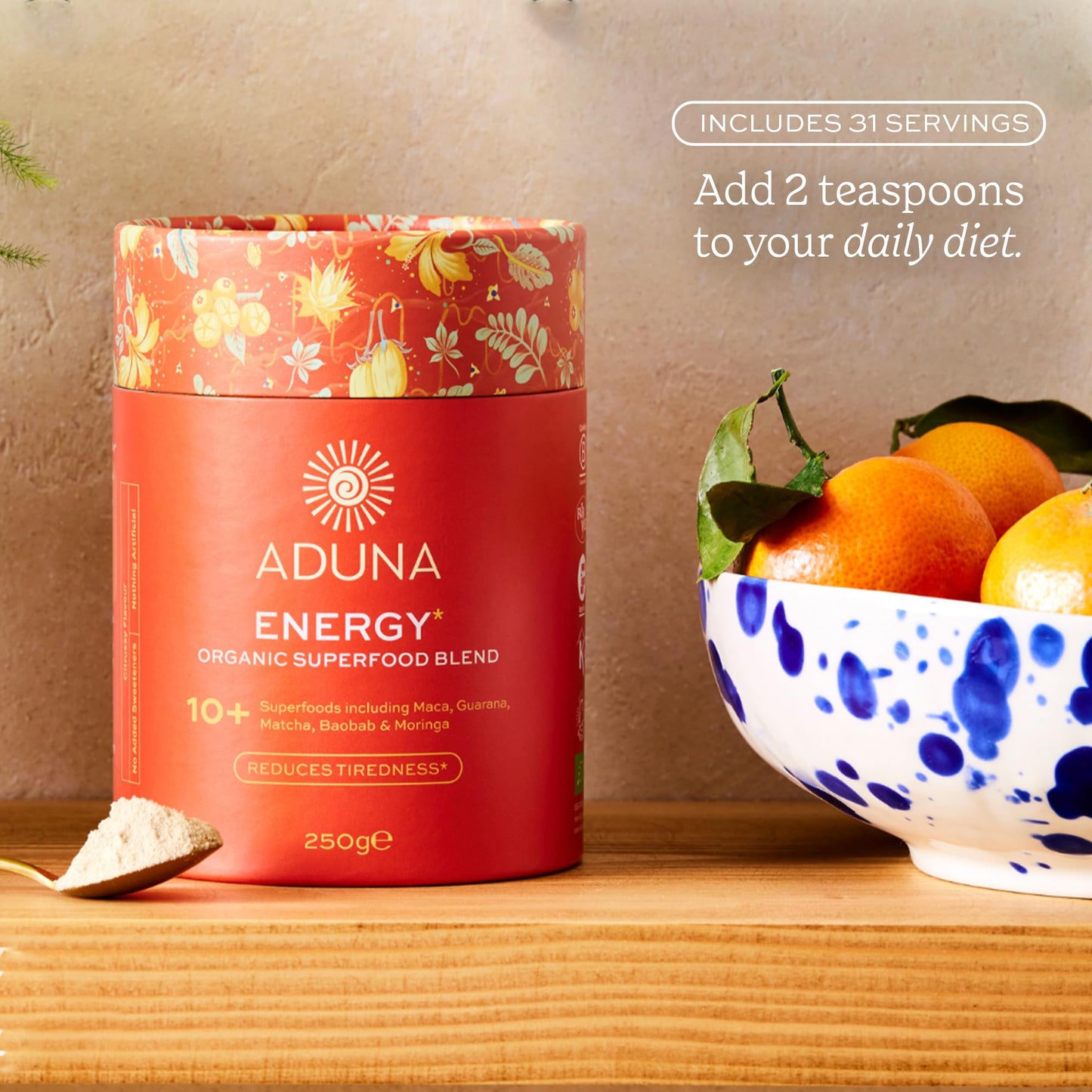 Aduna Organic Energy Superfood Blend | 100% Natural Stir-in Blend With 10+ Superfoods for Natural Energy, Focus & Reduced Tiredness | Vegan Powder for Yogurt, Juices, & Smoothies | 250g - dailyvitalstore