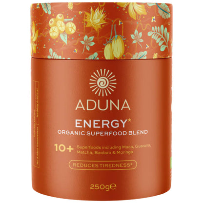 Aduna Organic Energy Superfood Blend | 100% Natural Stir-in Blend With 10+ Superfoods for Natural Energy, Focus & Reduced Tiredness | Vegan Powder for Yogurt, Juices, & Smoothies | 250g - dailyvitalstore