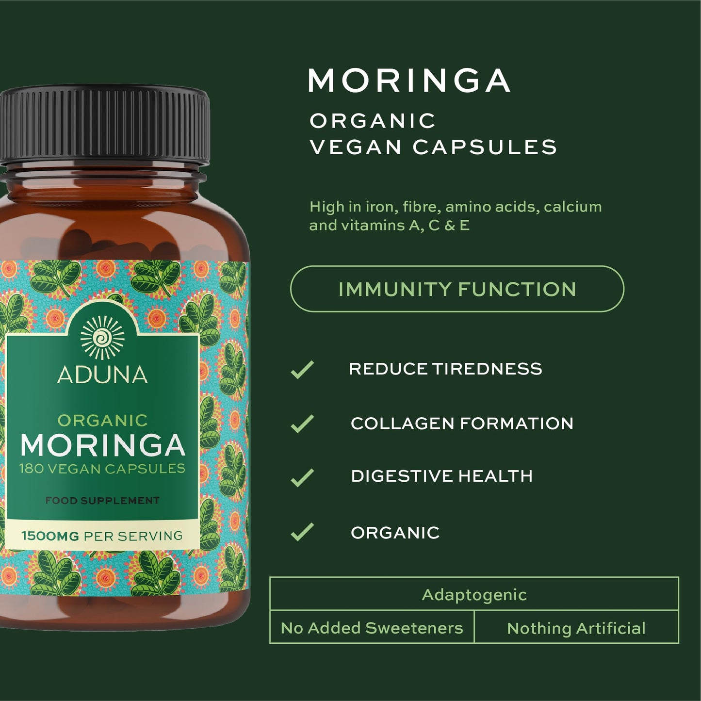 Aduna Organic Moringa Capsules 1500mg | 100% Pure Moringa Leaf for Energy, Immunity & Focus | Natural Plant-Based Food Supplement for Tiredness, Recovery & Breastfeeding | 180 Vegan Capsules - dailyvitalstore