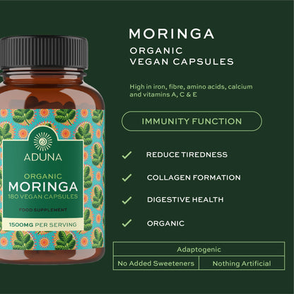 Aduna Organic Moringa Capsules 1500mg | 100% Pure Moringa Leaf for Energy, Immunity & Focus | Natural Plant-Based Food Supplement for Tiredness, Recovery & Breastfeeding | 180 Vegan Capsules - dailyvitalstore