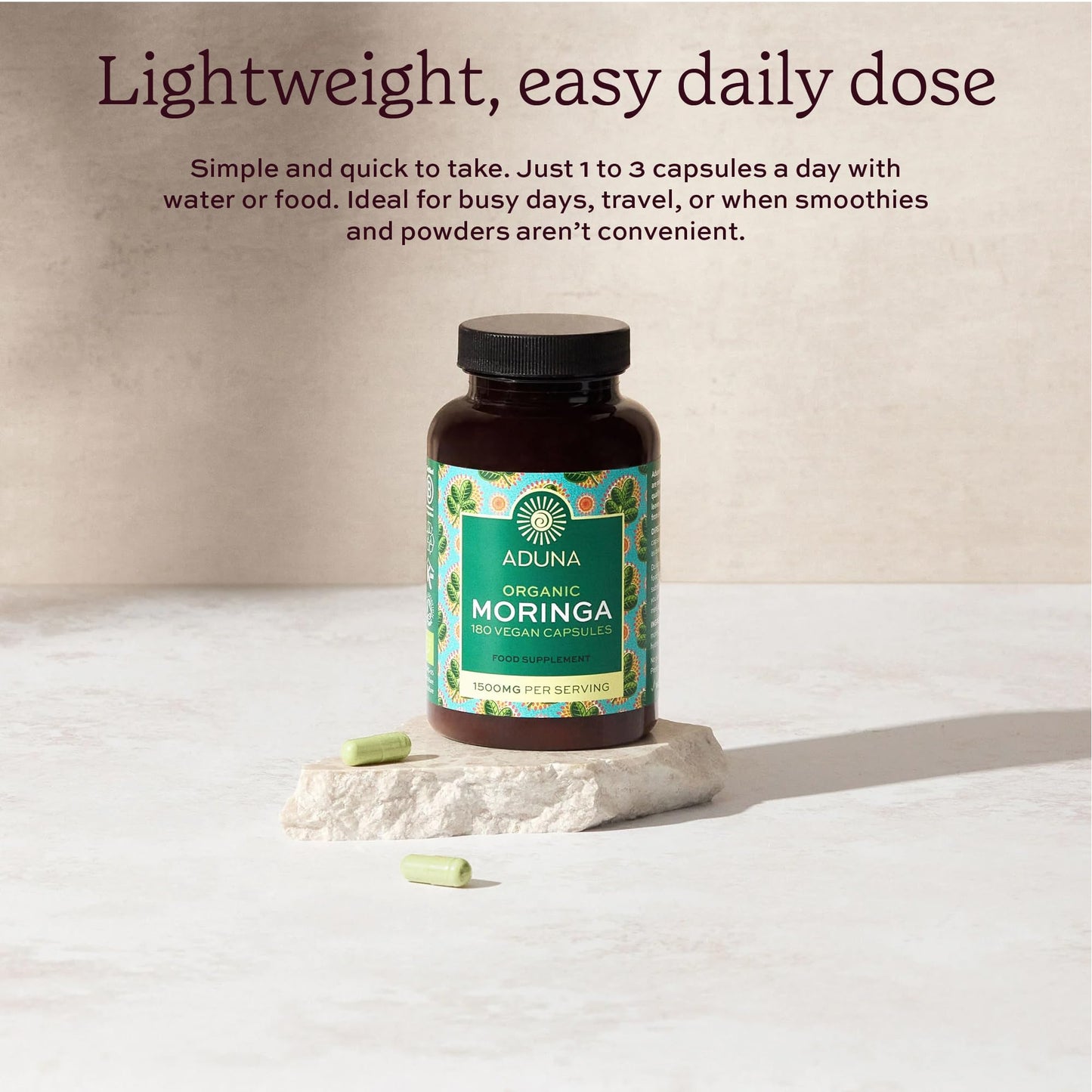 Aduna Organic Moringa Capsules 1500mg | 100% Pure Moringa Leaf for Energy, Immunity & Focus | Natural Plant-Based Food Supplement for Tiredness, Recovery & Breastfeeding | 180 Vegan Capsules - dailyvitalstore