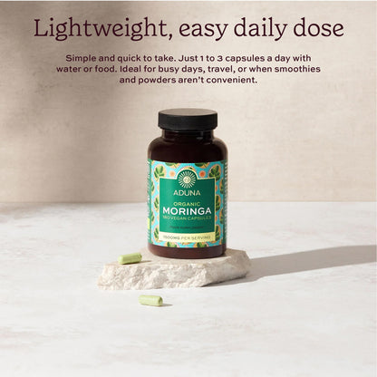 Aduna Organic Moringa Capsules 1500mg | 100% Pure Moringa Leaf for Energy, Immunity & Focus | Natural Plant-Based Food Supplement for Tiredness, Recovery & Breastfeeding | 180 Vegan Capsules - dailyvitalstore
