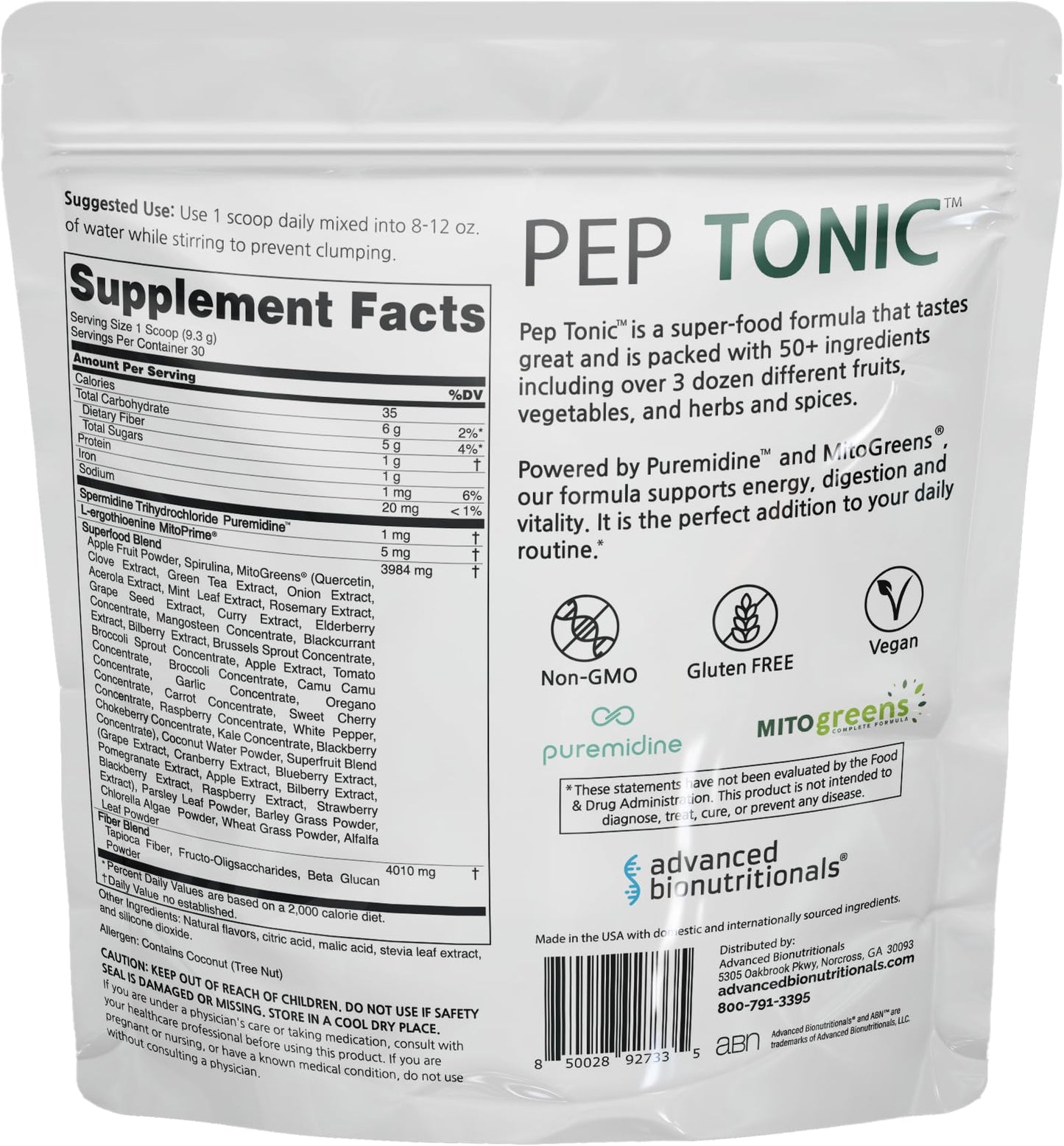 Advanced Bionutritionals Pep Tonic Powdered Superfood Formula 50 Fruits, Vegetables, Herbs, and Superfoods - Vegan, Vegetarian - 9.84 OZ - 279 g - dailyvitalstore