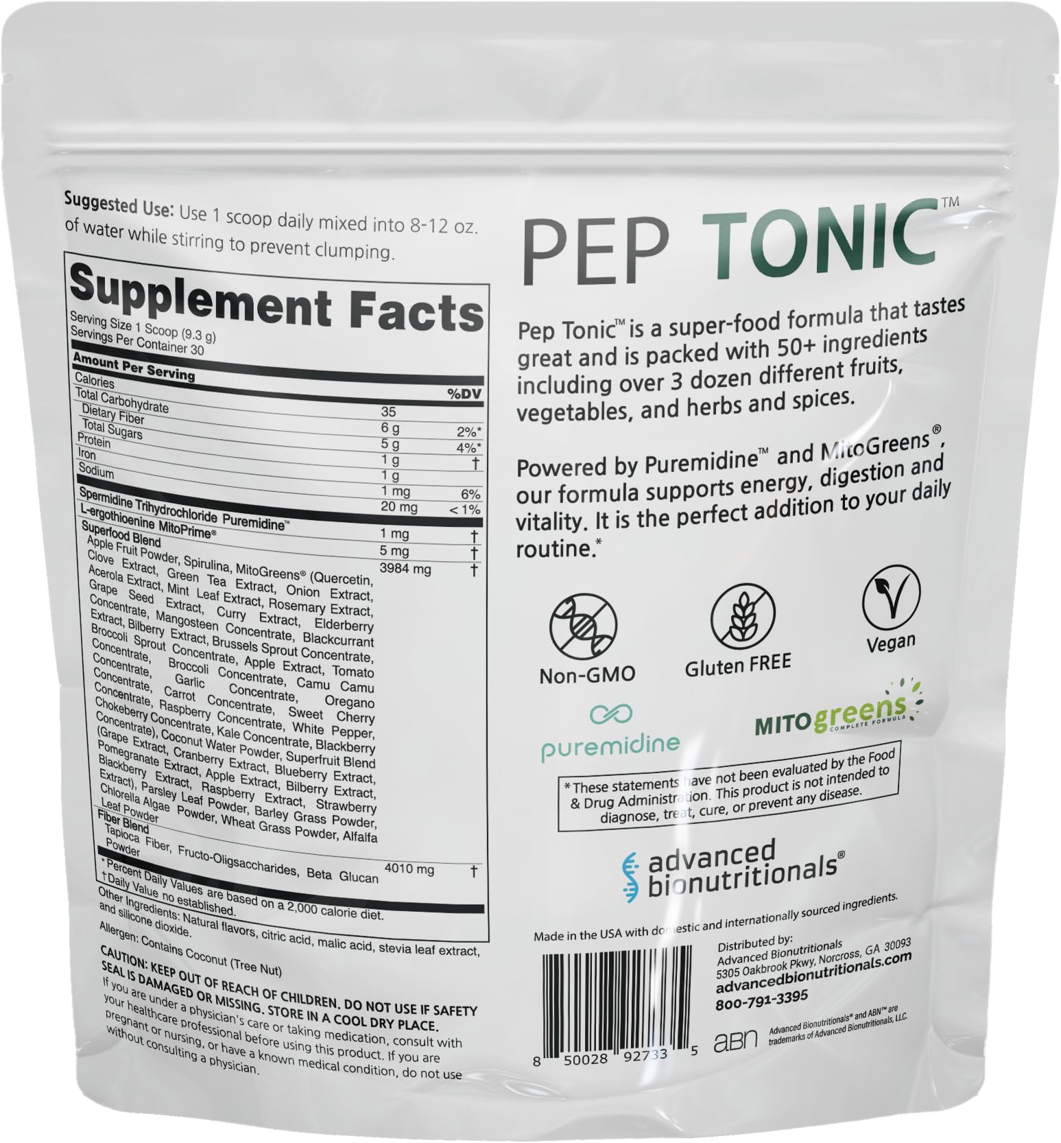 Advanced Bionutritionals Pep Tonic Powdered Superfood Formula 50 Fruits, Vegetables, Herbs, and Superfoods - Vegan, Vegetarian - 9.84 OZ - 279 g - dailyvitalstore