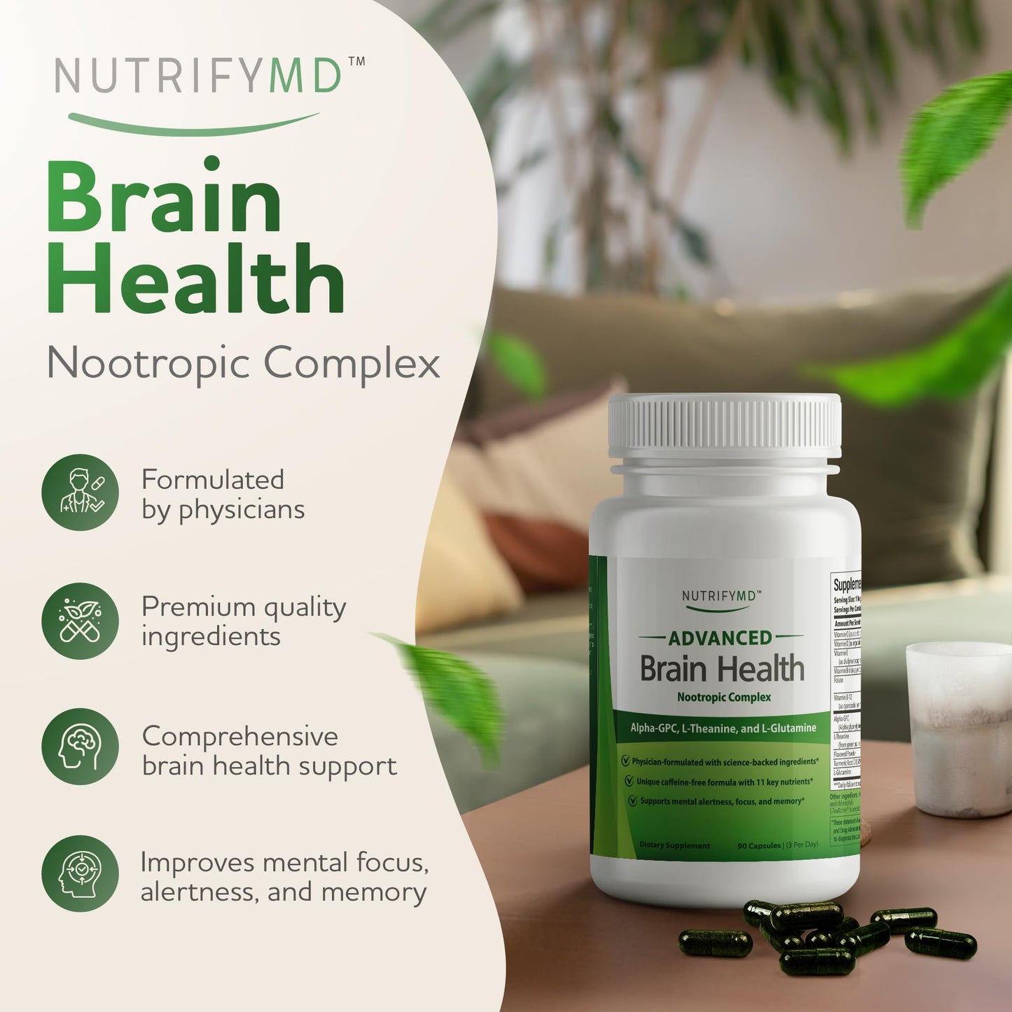 Advanced Brain Health Supplement with Alpha GPC, L-Theanine, L-Glutamine for Memory and Focus - 90 Capsules - dailyvitalstore