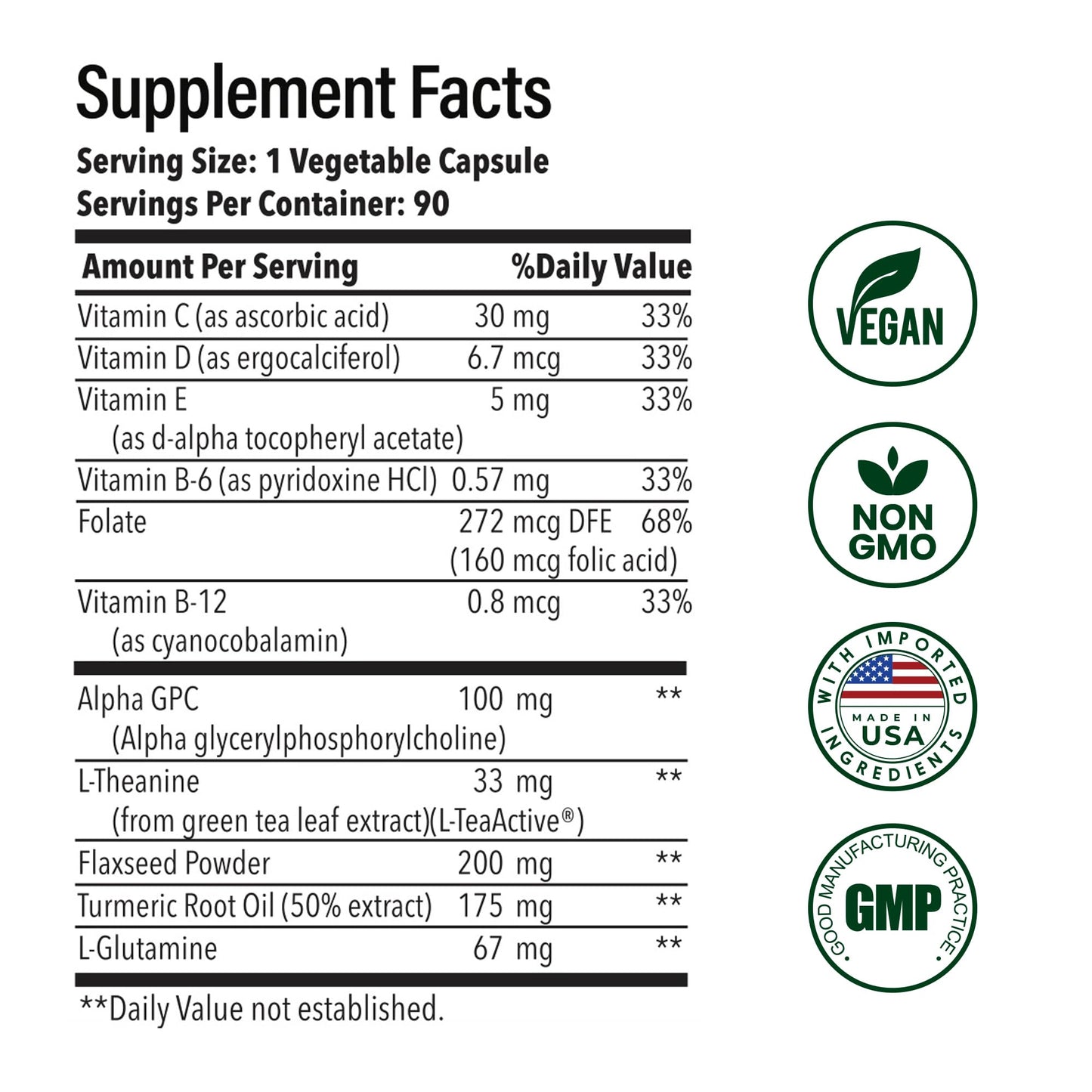 Advanced Brain Health Supplement with Alpha GPC, L-Theanine, L-Glutamine for Memory and Focus - 90 Capsules - dailyvitalstore