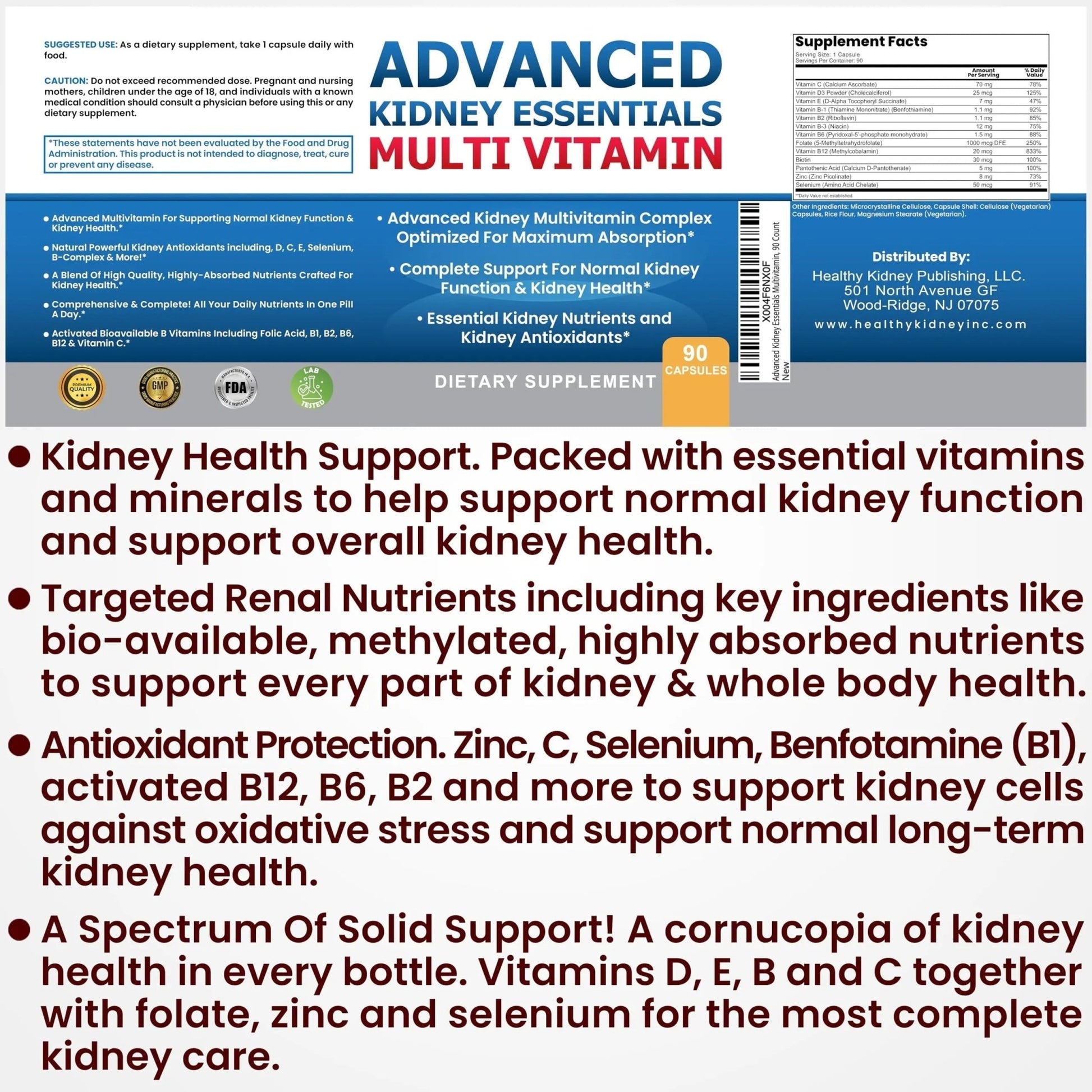 Advanced Kidney Essentials Multivitamin. Kidney Support Supplement for Complete Kidney Health. Kidney Health Supplement - dailyvitalstore