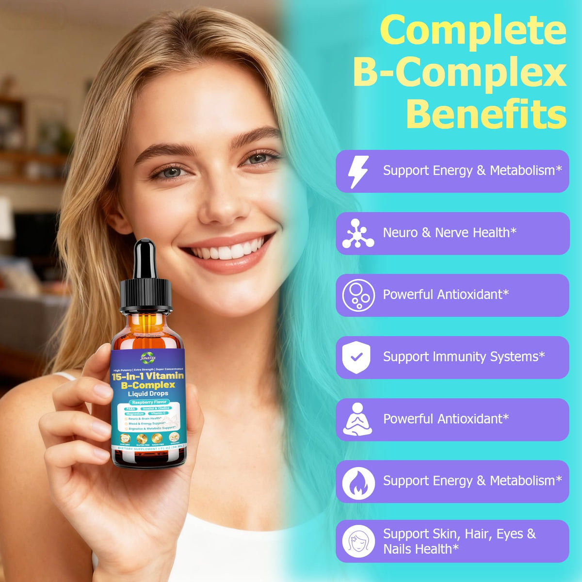 Advanced Vitamin B Complex Liquid Drops for Women Men & Kids, 15-in-1 VIT B Complex with Vitamin C B12 B6 B1 Niacin Folate for Brain Nerve Neuropathy Energy Mood Health, Sublingual B-Complex Drops - dailyvitalstore