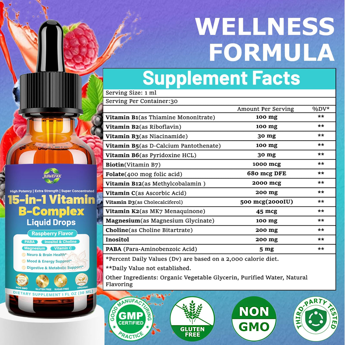 Advanced Vitamin B Complex Liquid Drops for Women Men & Kids, 15-in-1 VIT B Complex with Vitamin C B12 B6 B1 Niacin Folate for Brain Nerve Neuropathy Energy Mood Health, Sublingual B-Complex Drops - dailyvitalstore