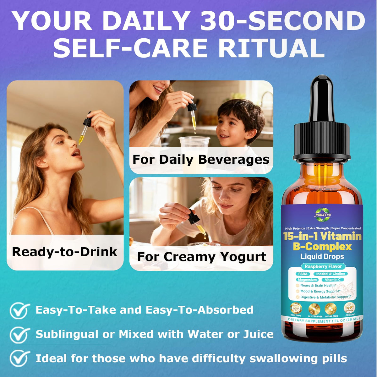 Advanced Vitamin B Complex Liquid Drops for Women Men & Kids, 15-in-1 VIT B Complex with Vitamin C B12 B6 B1 Niacin Folate for Brain Nerve Neuropathy Energy Mood Health, Sublingual B-Complex Drops - dailyvitalstore