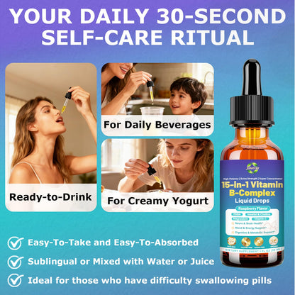 Advanced Vitamin B Complex Liquid Drops for Women Men & Kids, 15-in-1 VIT B Complex with Vitamin C B12 B6 B1 Niacin Folate for Brain Nerve Neuropathy Energy Mood Health, Sublingual B-Complex Drops - dailyvitalstore