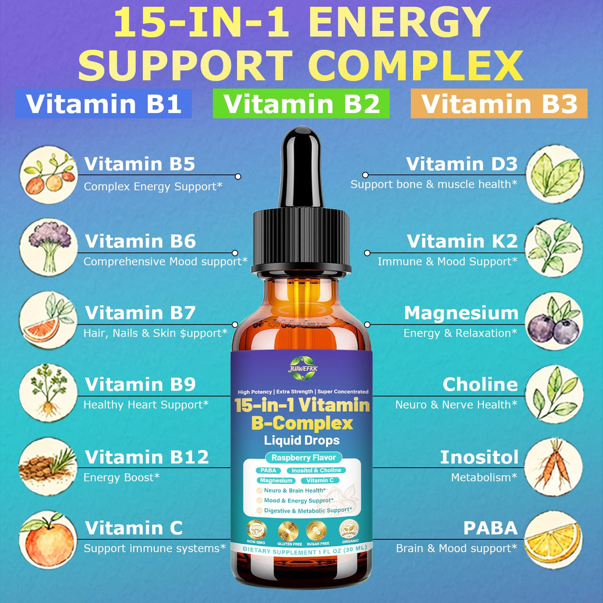 Advanced Vitamin B Complex Liquid Drops for Women Men & Kids, 15-in-1 VIT B Complex with Vitamin C B12 B6 B1 Niacin Folate for Brain Nerve Neuropathy Energy Mood Health, Sublingual B-Complex Drops - dailyvitalstore