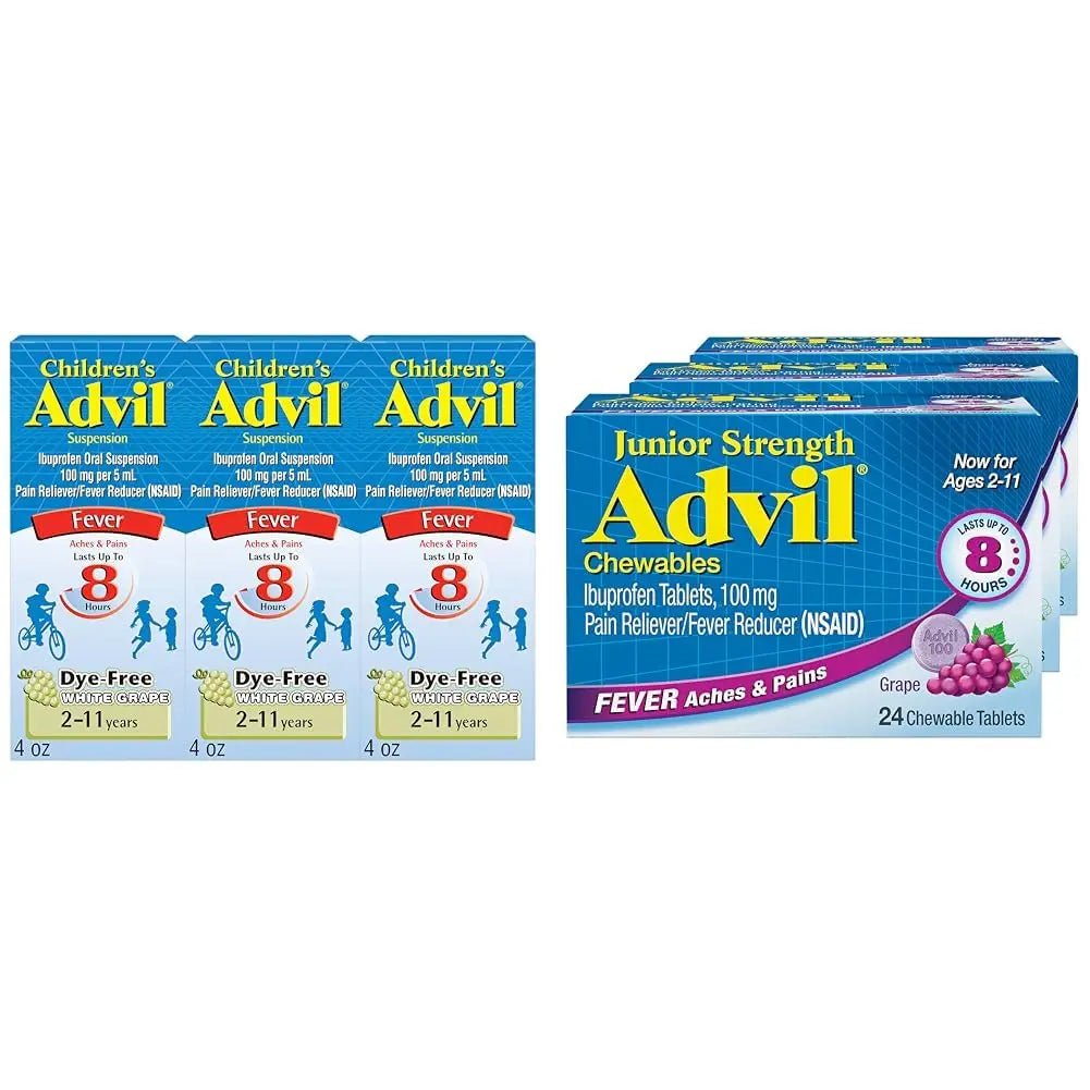 Advil Children's Pain Reliever and Fever Reducer, Dye Free Liquid Ibuprofen for Children (Pack of 3) and Advil Junior Strength Chewable Ibuprofen Pain Reliever and Fever Reducer, Grape Flavored Tablets for Children (Pack of 3) - dailyvitalstore