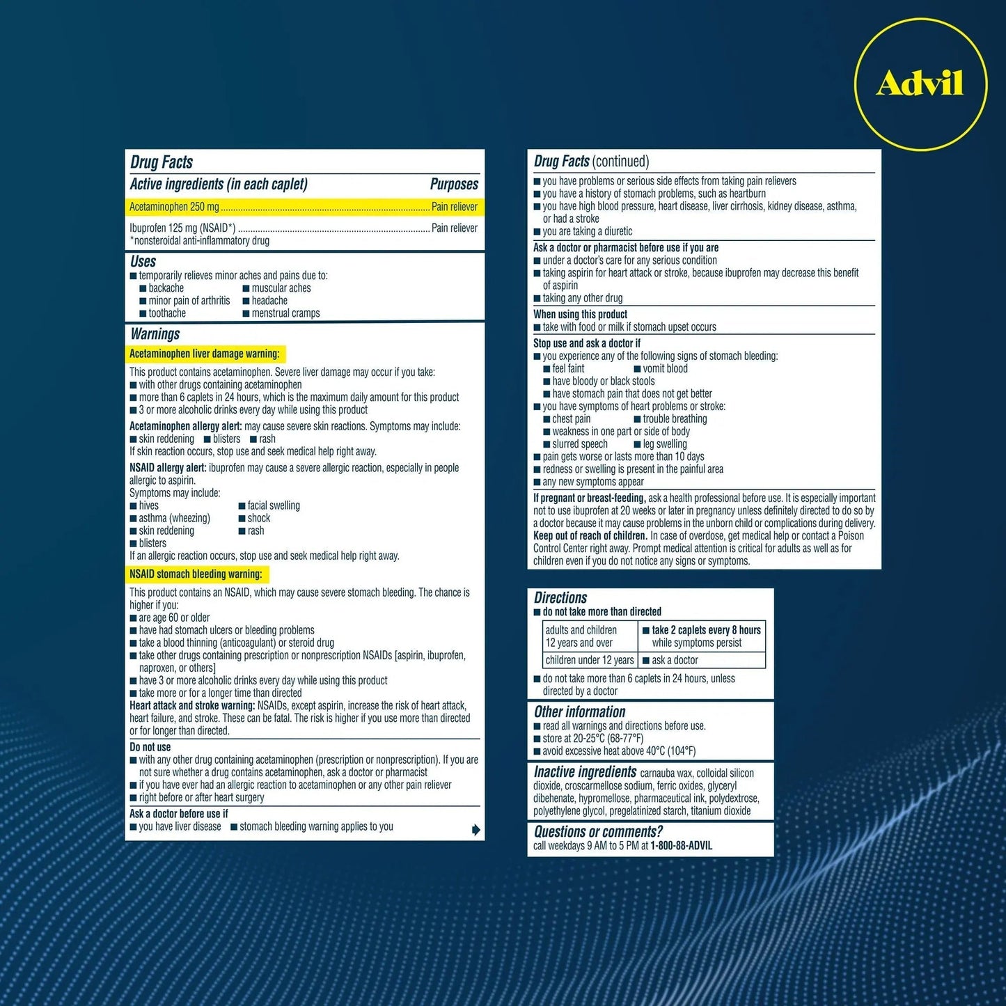 Advil Dual Action Back Pain Caplets Delivers 125mg Ibuprofen and 250mg Acetaminophen Per Dose for 8 Hours of Back Pain Relief - 144 Count - dailyvitalstore