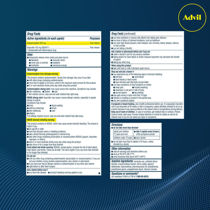 Advil Dual Action Back Pain Caplets Delivers 125mg Ibuprofen and 250mg Acetaminophen Per Dose for 8 Hours of Back Pain Relief - 144 Count - dailyvitalstore