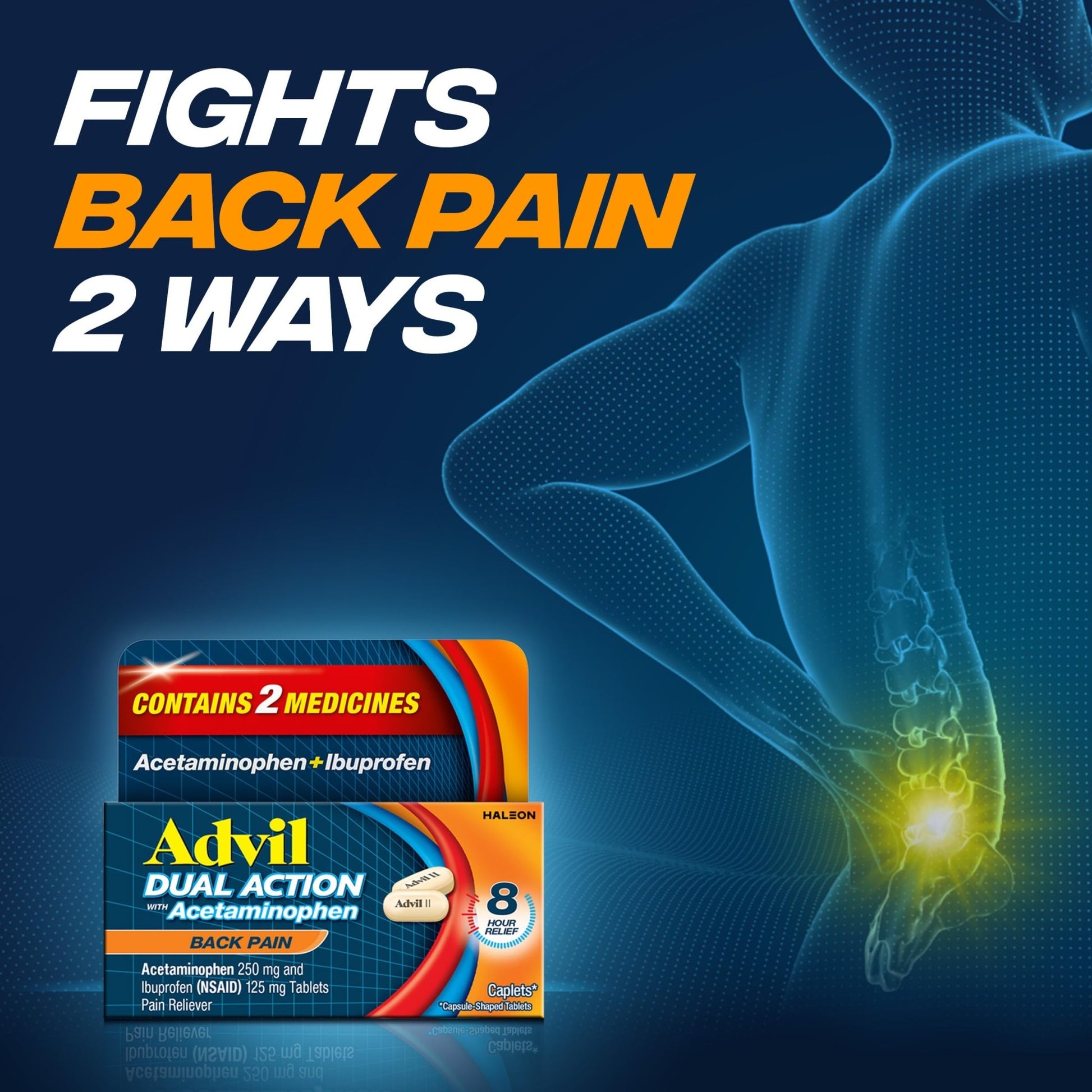 Advil Dual Action Back Pain Caplets Delivers 125mg Ibuprofen and 250mg Acetaminophen Per Dose for 8 Hours of Back Pain Relief - 144 Count - dailyvitalstore