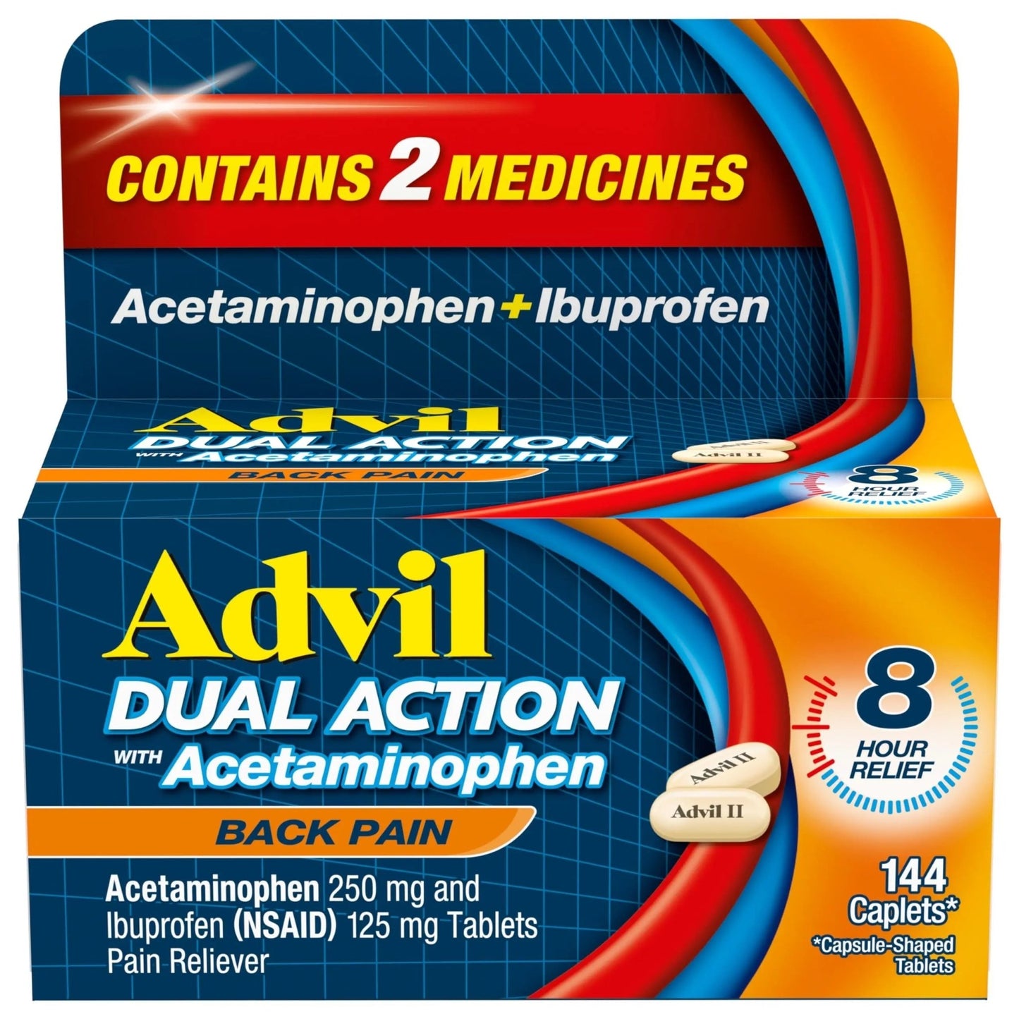 Advil Dual Action Back Pain Caplets Delivers 125mg Ibuprofen and 250mg Acetaminophen Per Dose for 8 Hours of Back Pain Relief - 144 Count - dailyvitalstore