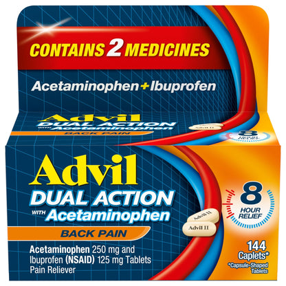 Advil Dual Action Back Pain Caplets Delivers 125mg Ibuprofen and 250mg Acetaminophen Per Dose for 8 Hours of Back Pain Relief - 144 Count - dailyvitalstore