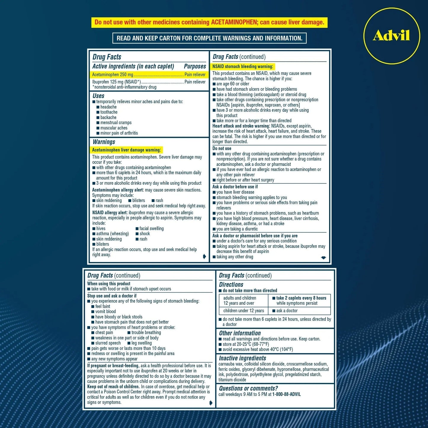 Advil Dual Action Coated Caplets, 125 Mg Ibuprofen and 250 Mg Acetaminophen per Dose (2 Dose Equivalent) for 8 Hour Pain Relief - 216 Count - dailyvitalstore