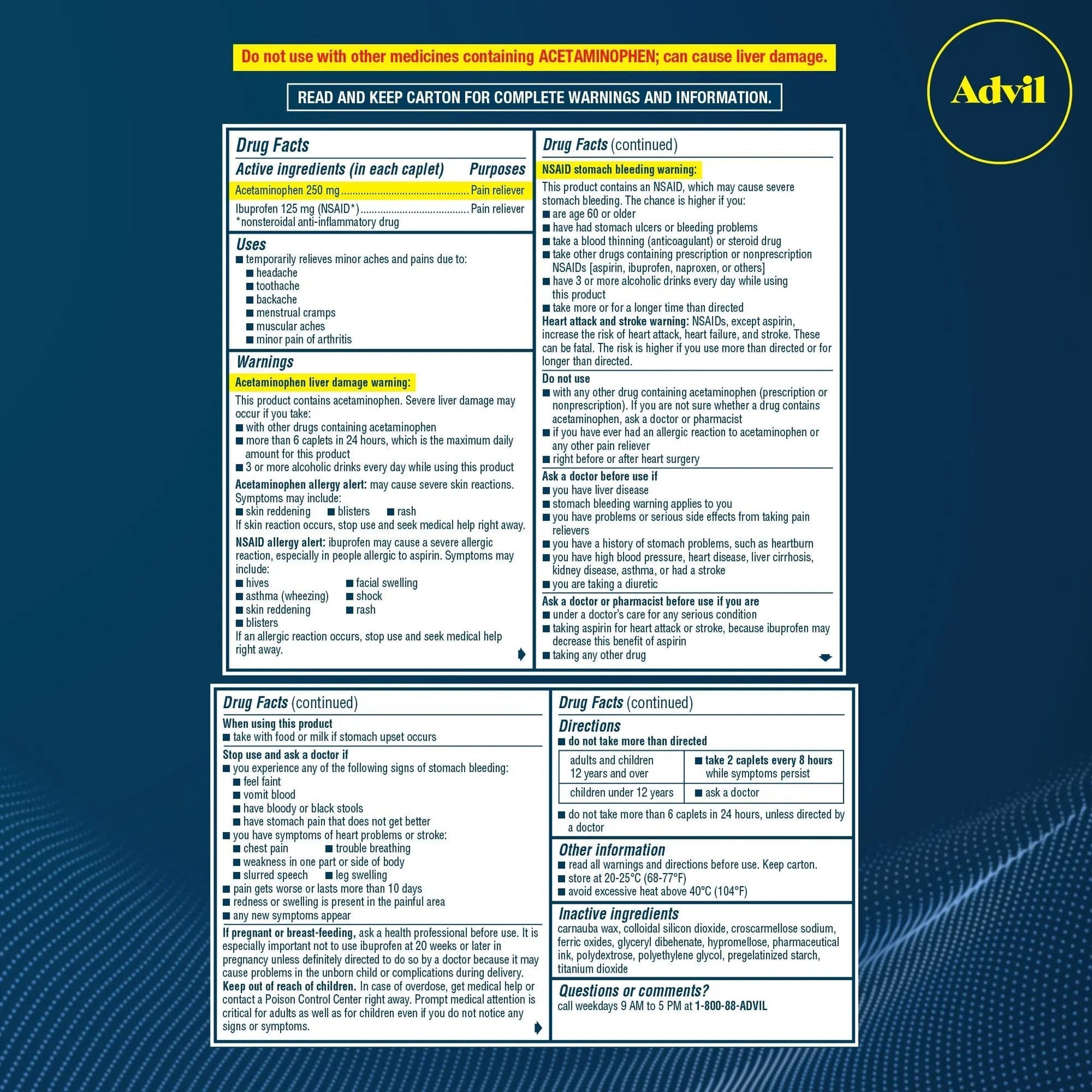 Advil Dual Action Coated Caplets, 125 Mg Ibuprofen and 250 Mg Acetaminophen per Dose (2 Dose Equivalent) for 8 Hour Pain Relief - 216 Count - dailyvitalstore