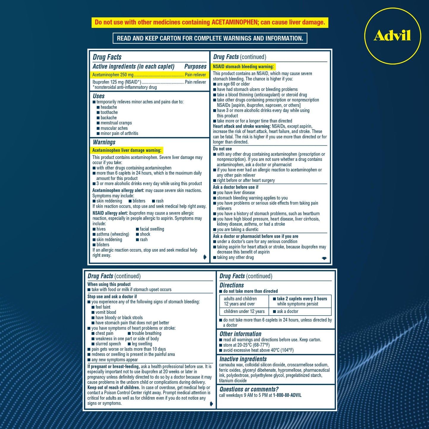 Advil Dual Action Coated Caplets, 125 Mg Ibuprofen and 250 Mg Acetaminophen per Dose (2 Dose Equivalent) for 8 Hour Pain Relief - 216 Count - dailyvitalstore