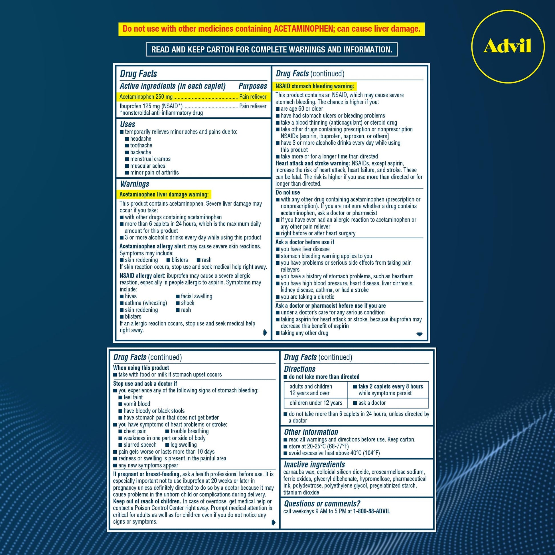 Advil Dual Action Coated Caplets, 125 Mg Ibuprofen and 250 Mg Acetaminophen per Dose (2 Dose Equivalent) for 8 Hour Pain Relief - 216 Count - dailyvitalstore