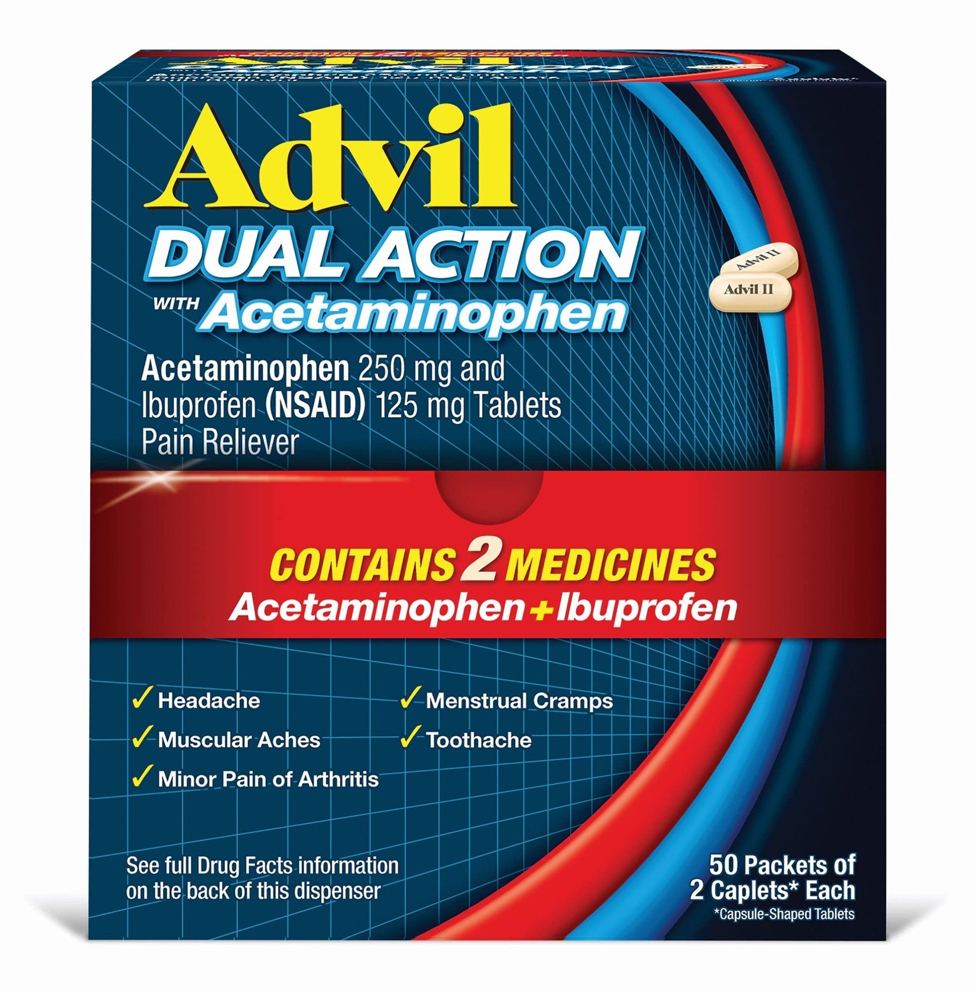 Advil Dual Action Coated Caplets with Acetaminophen, 250 Mg Ibuprofen and 500 Mg Acetaminophen Per Dose (2 Dose Equivalent) for 8 Hour Pain Relief - 2 Count x 50 - dailyvitalstore