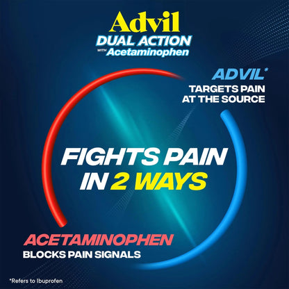Advil Dual Action Coated Caplets with Acetaminophen, 250 Mg Ibuprofen and 500 Mg Acetaminophen Per Dose (2 Dose Equivalent) for 8 Hour Pain Relief - 72 Count - dailyvitalstore