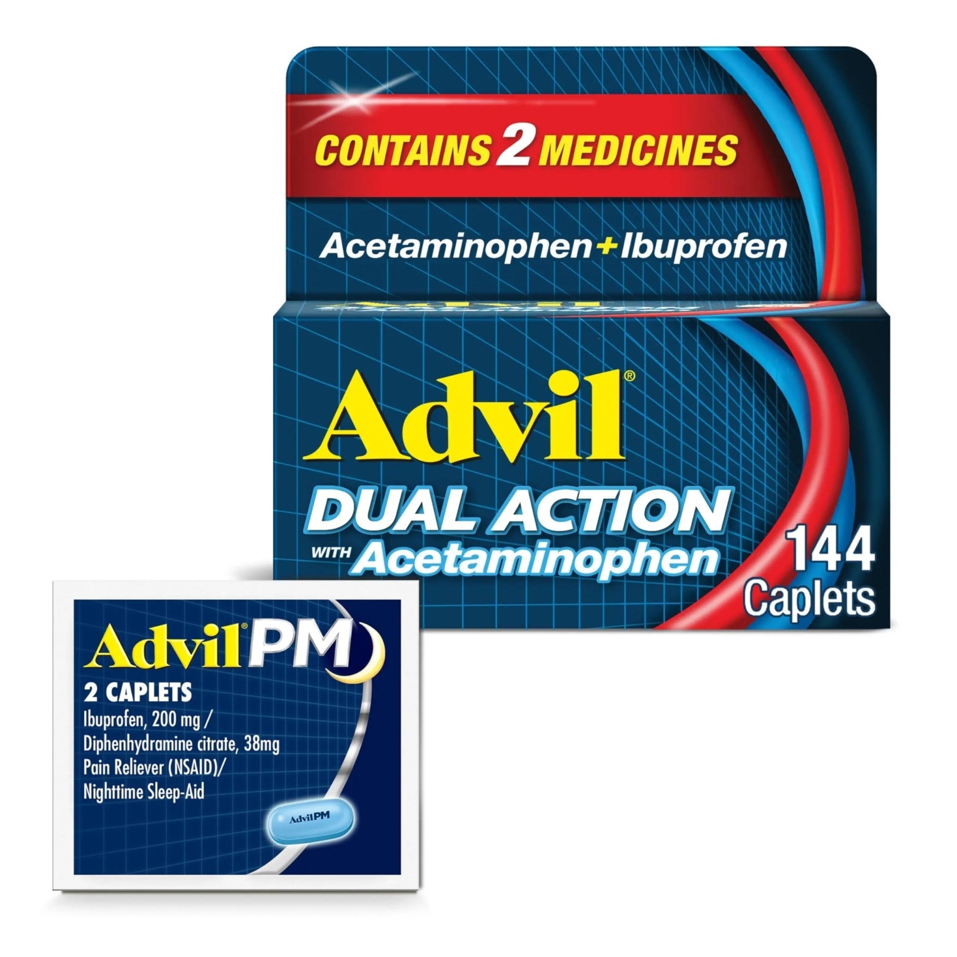 Advil Dual Action With Acetaminophen And Ibuprofen (2 Dose Equivalent) For 8 Hour Pain Relief, Coated 144 Ct Caplets And 2 Ct. Sample Of Advil PM - dailyvitalstore