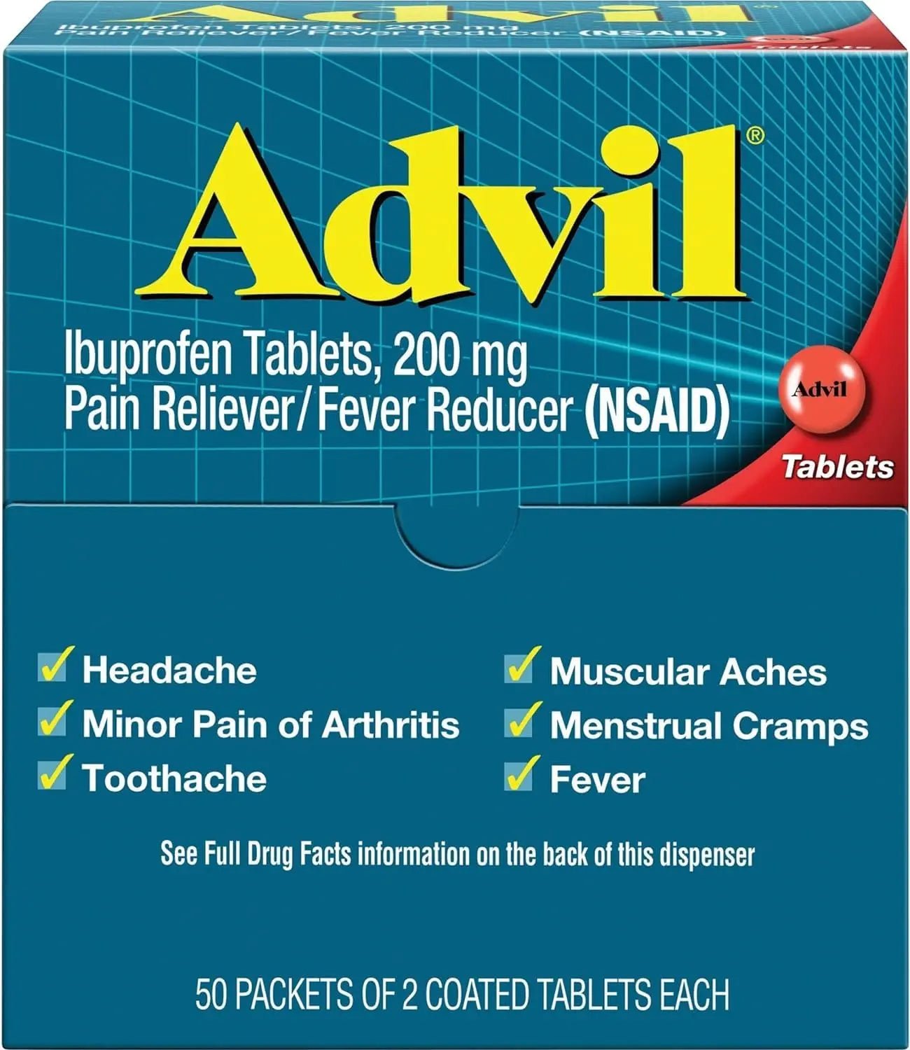 Advil Ibuprofen, 200mg (50 Packets of 2 Coated Tablets) 50 ea (Pack of 3) - dailyvitalstore